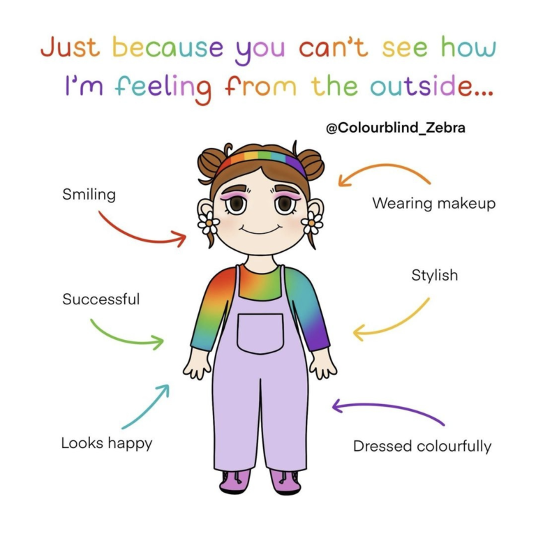 a girl in rainbow clothes from @colourblind_zebra
