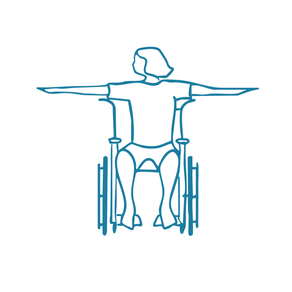a teal sketch of a person using a wheelchair while doing seated pilates exercises