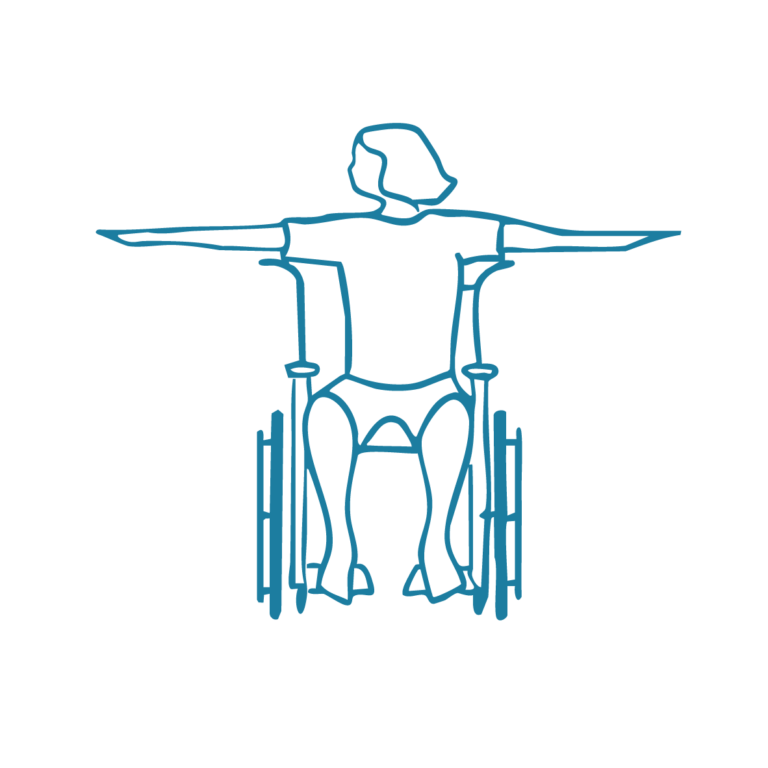 a teal sketch of a person using a wheelchair while doing seated pilates exercises
