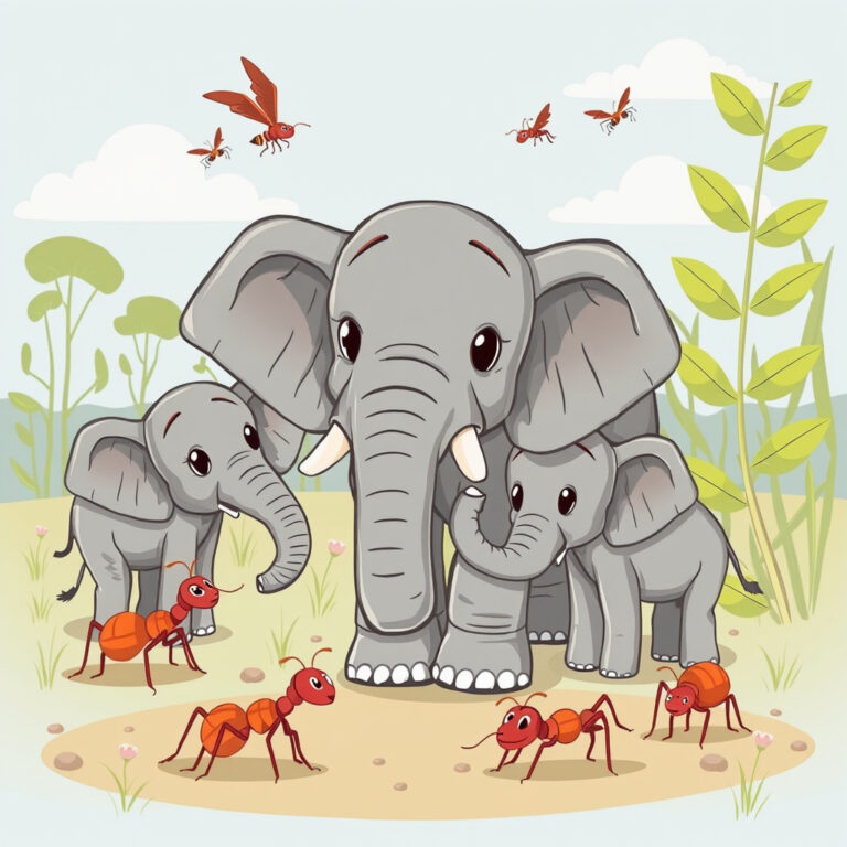 A cartoon image of 3 elephants, 2 are babies. Some red ants are in front of them. They look like they are talking to each other.
