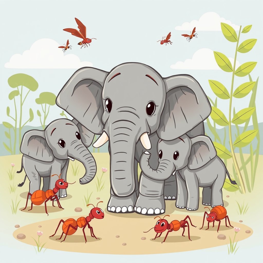 A cartoon image of 3 elephants, 2 are babies. Some red ants are in front of them. They look like they are talking to each other.