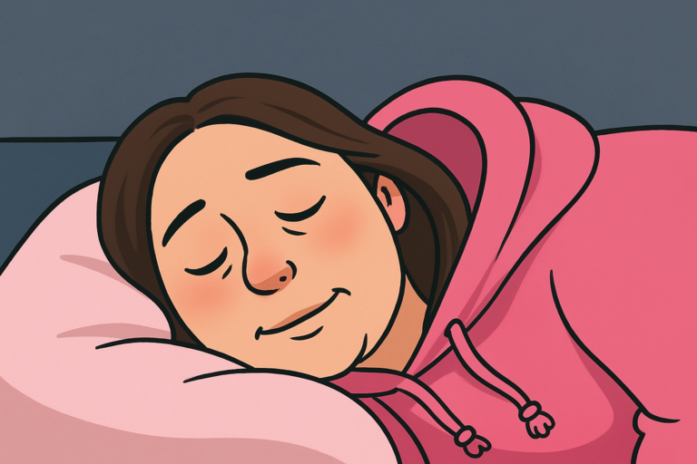 A cartoon-style illustration shows a woman lying on her side in bed, resting her head on a soft pink pillow. She’s wearing a bright pink hoodie with drawstrings and has her eyes gently closed, a small smile suggesting calm or relief. Her dark brown hair falls naturally across the pillow, and the simple blue-gray background keeps the focus on her peaceful, resting face.