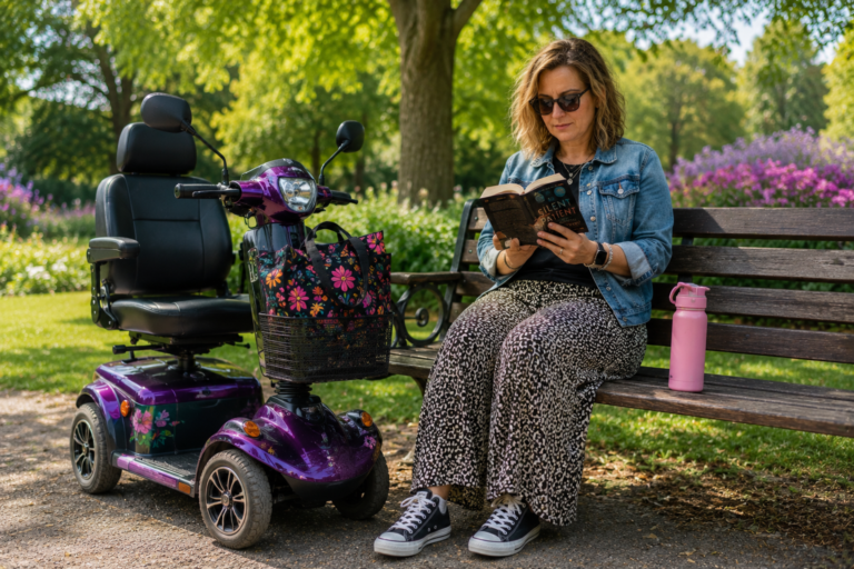 A white lady with brown hair, wearing sunglasses, sitting on a park bench reading a book. Her purple mobility scooter is next to her.