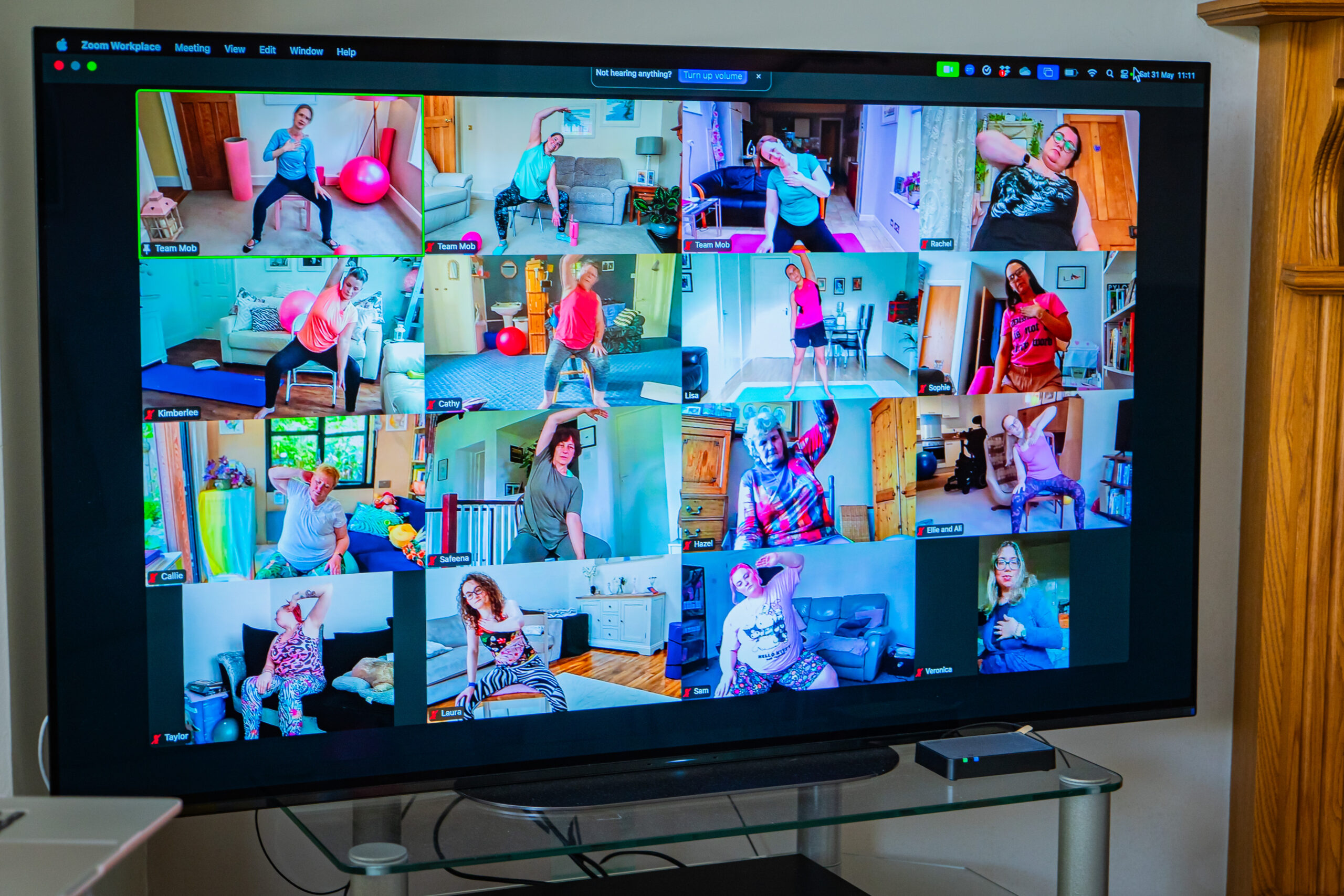 Online Mobilates class with many members visible on screen