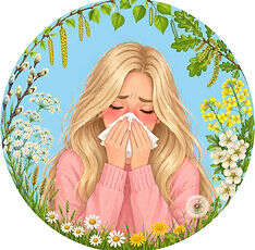Woman holding a tissue to her nose, blue background with high pollen flowers and plants