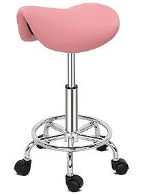 A pink wheelie stool