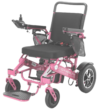 White circle with a photo of a pink electric wheelchair