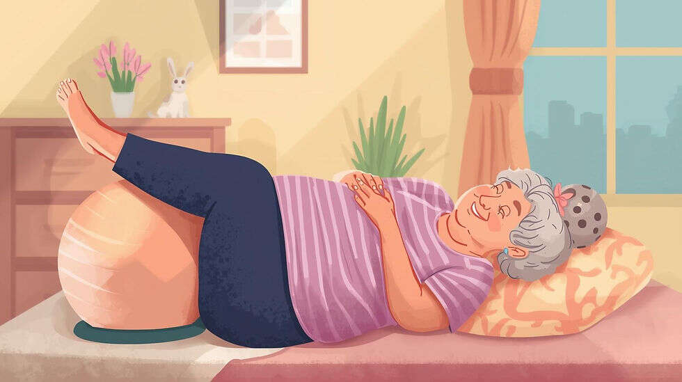 A cartoon of a fat disabled woman age 65. She is lying on her bed doing very gentle pilates with a pilates ball. She is wearing blue leggings and a purple stripy top. She is resting her legs on a large orange ball and her head on an orange cushion. She is smiling and resting her hands on her tummy.