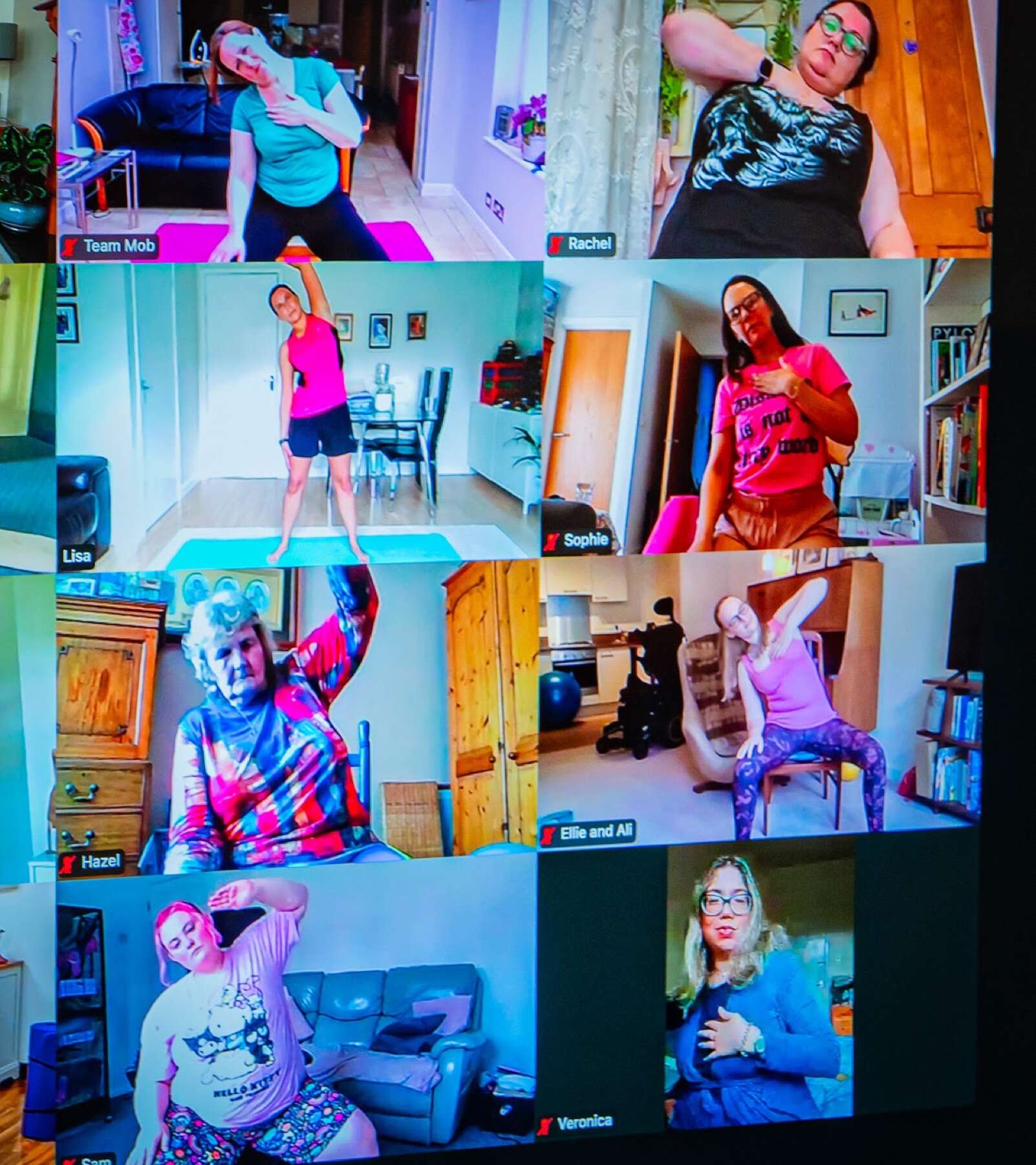 Collage of Mobilates members joining a live online movement class from home.